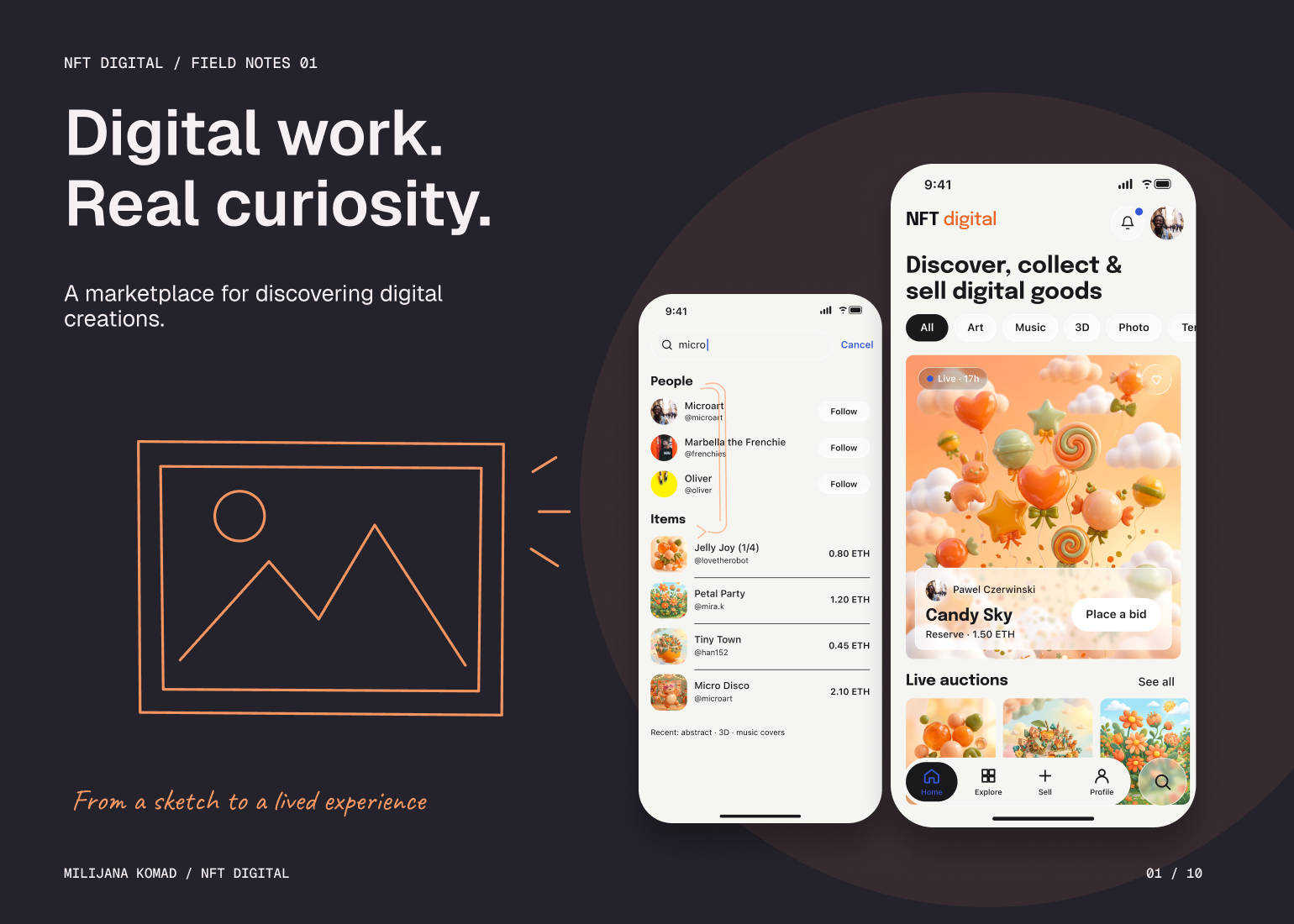 01 · Digital work. Real curiosity. — original app screen and hand-drawn story