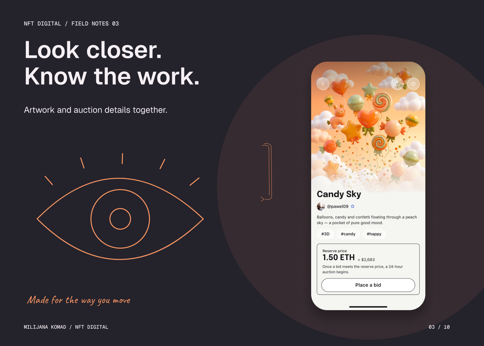 03 · Look closer. Know the work. — original app screen and hand-drawn story
