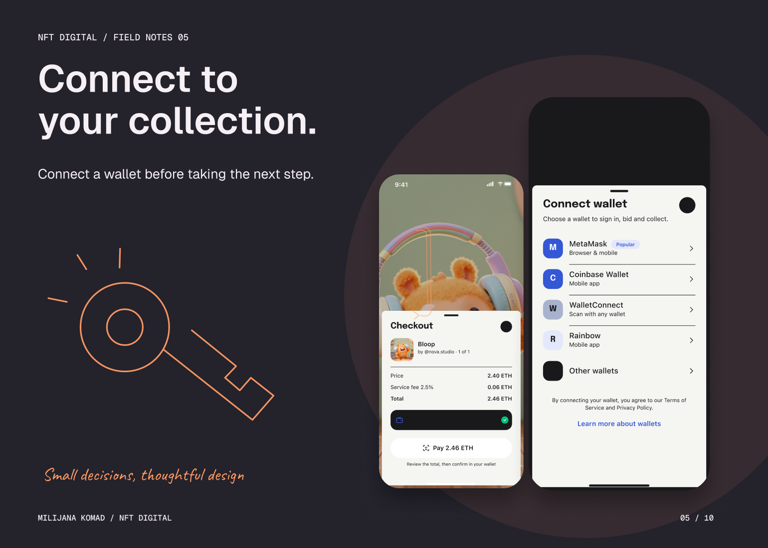 05 · Connect to your collection. — original app screen and hand-drawn story