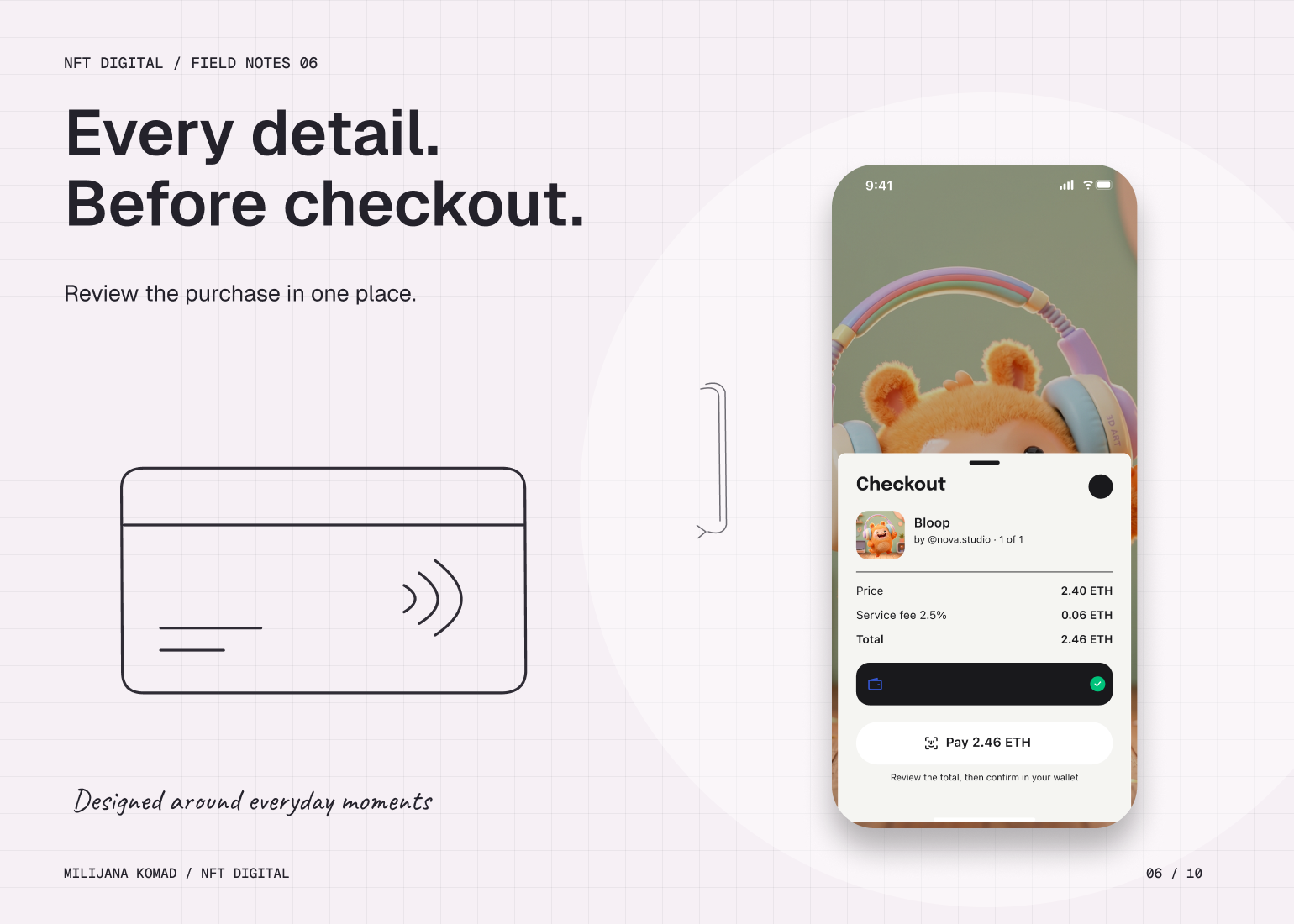 06 · Every detail. Before checkout. — original app screen and hand-drawn story