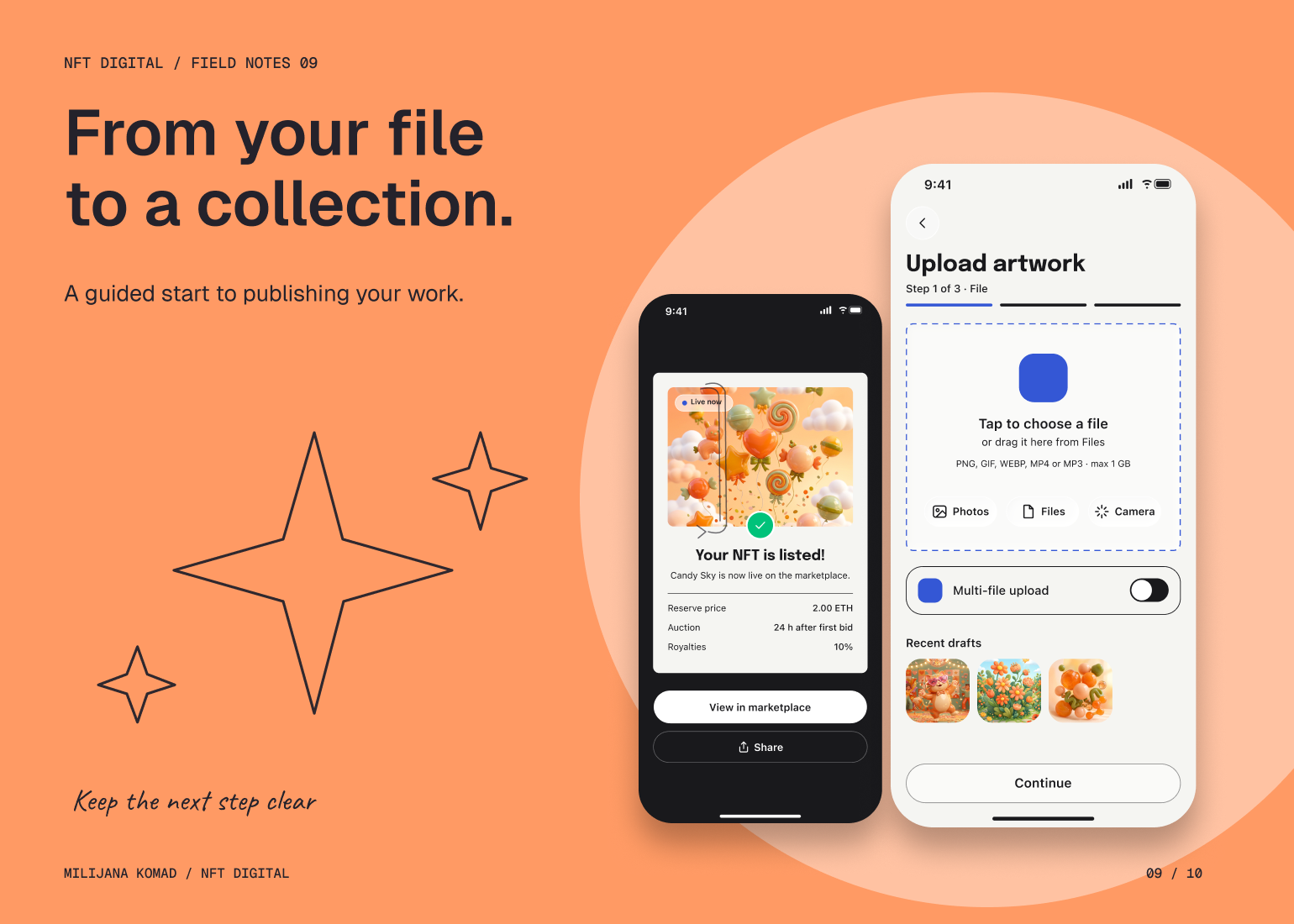 09 · From your file to a collection. — original app screen and hand-drawn story