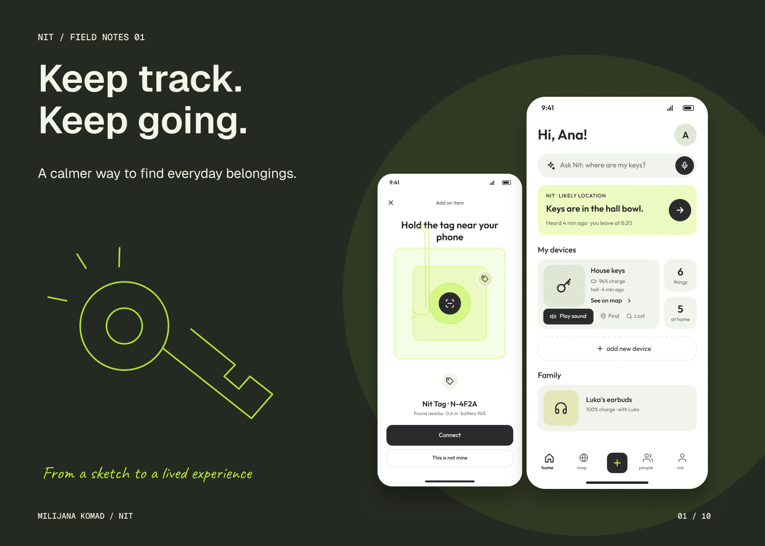 01 · Keep track. Keep going. — original app screen and hand-drawn story