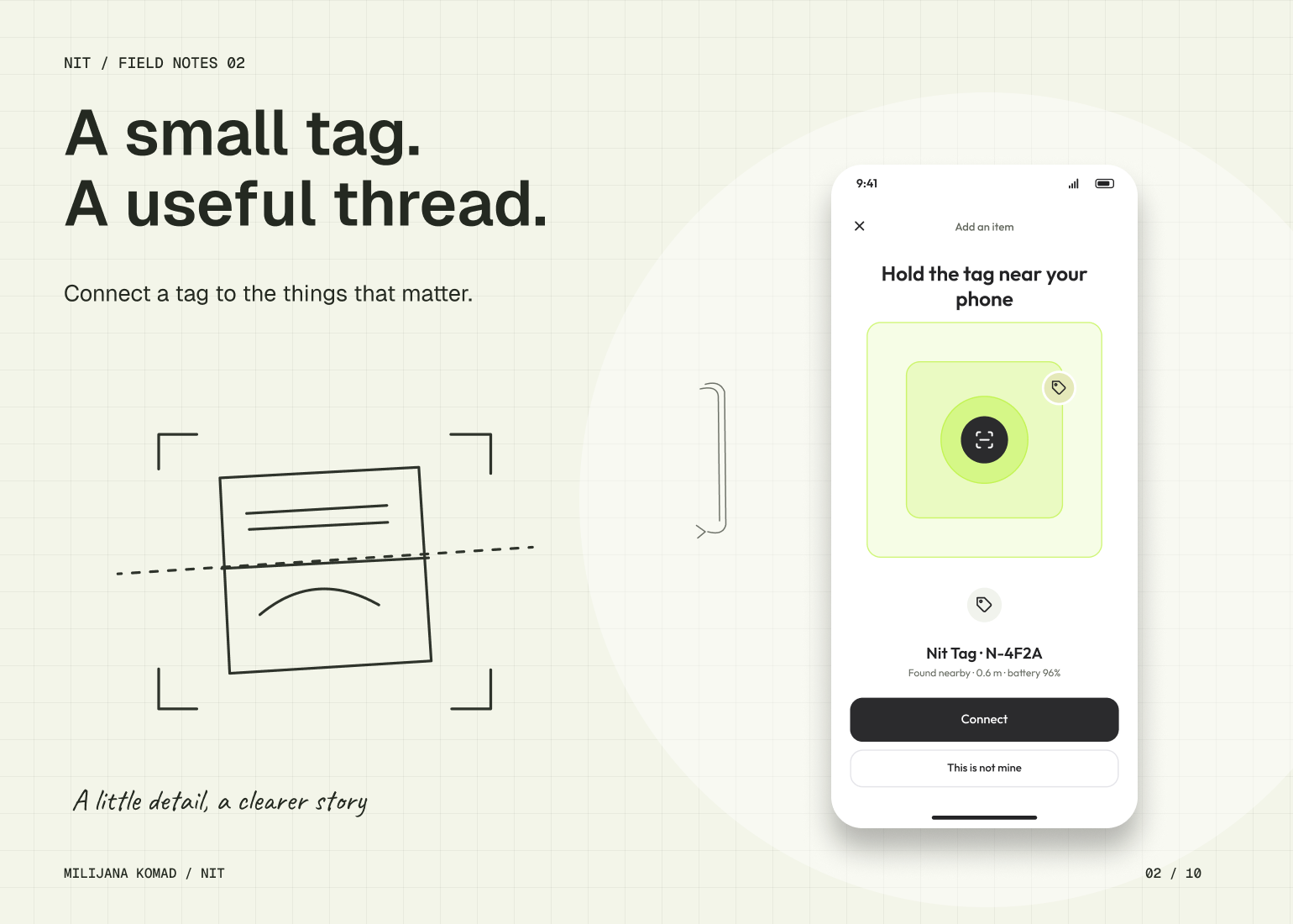 02 · A small tag. A useful thread. — original app screen and hand-drawn story