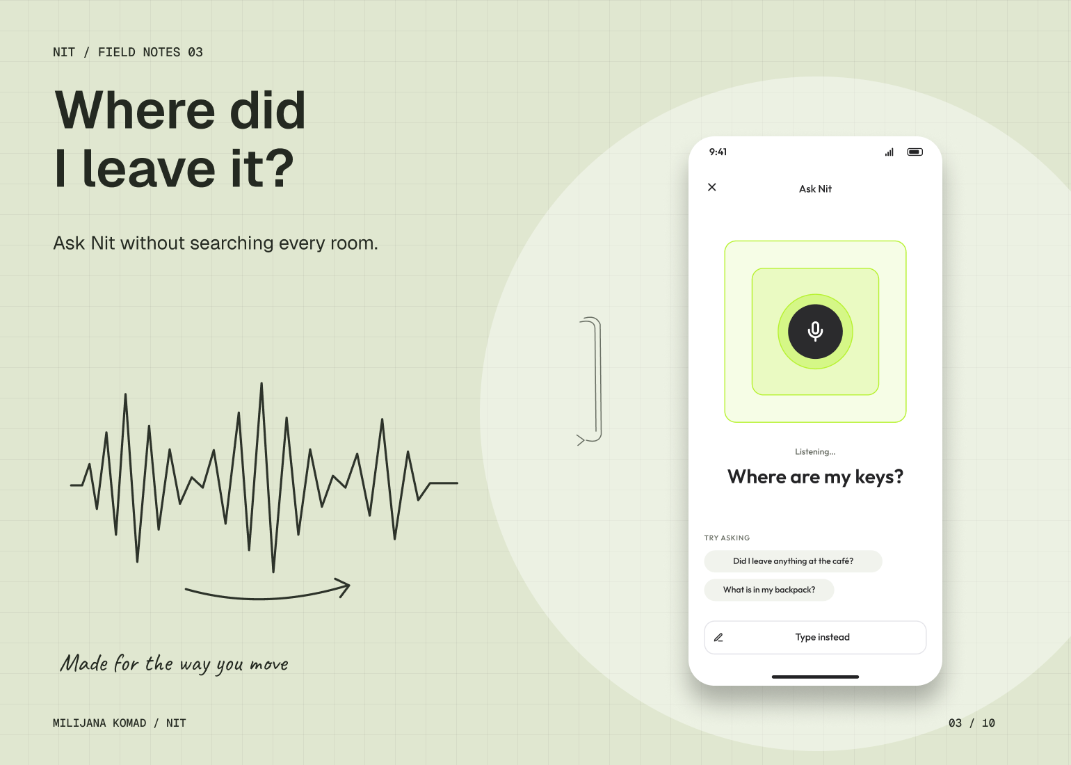 03 · Where did I leave it? — original app screen and hand-drawn story