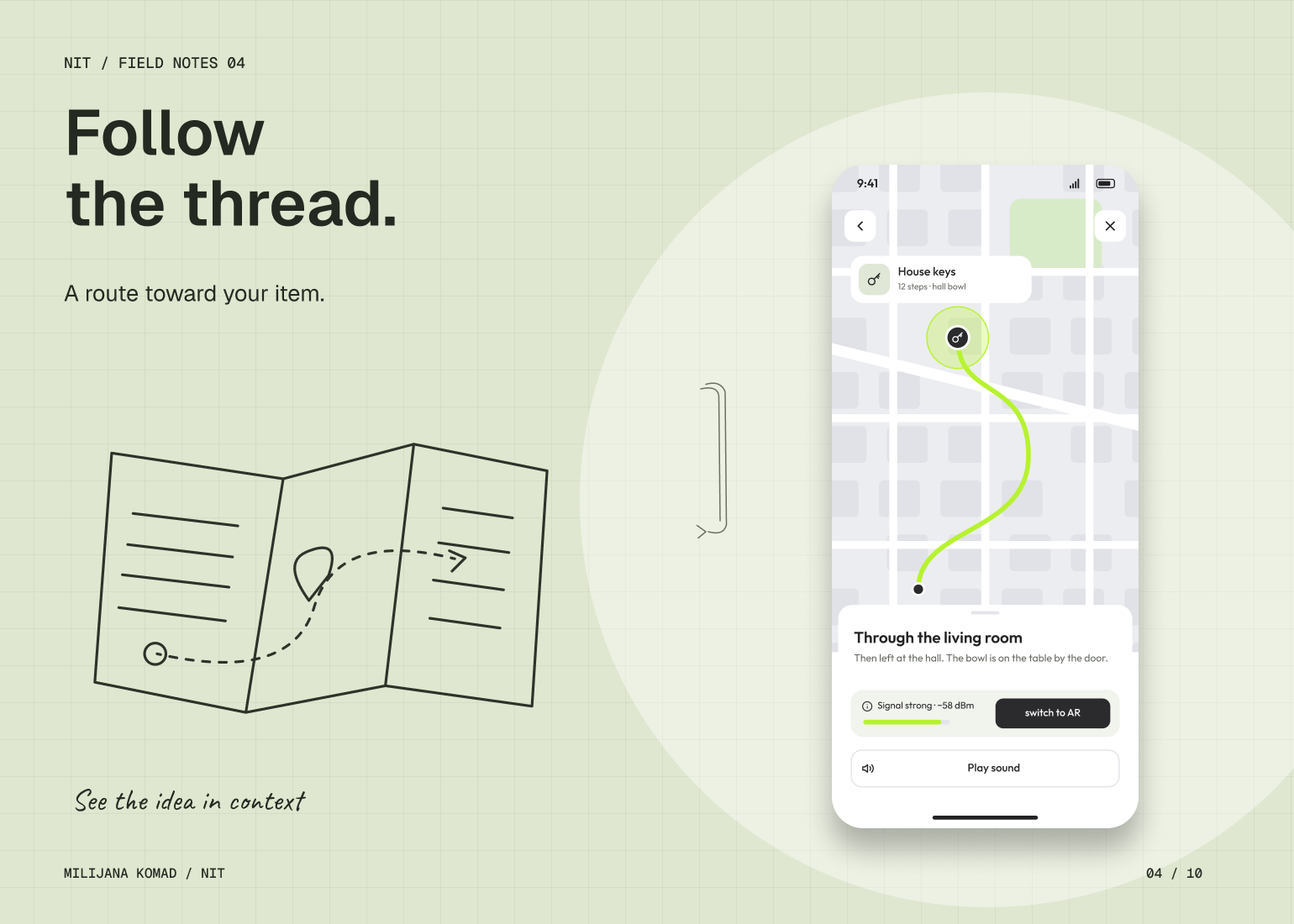04 · Follow the thread. — original app screen and hand-drawn story