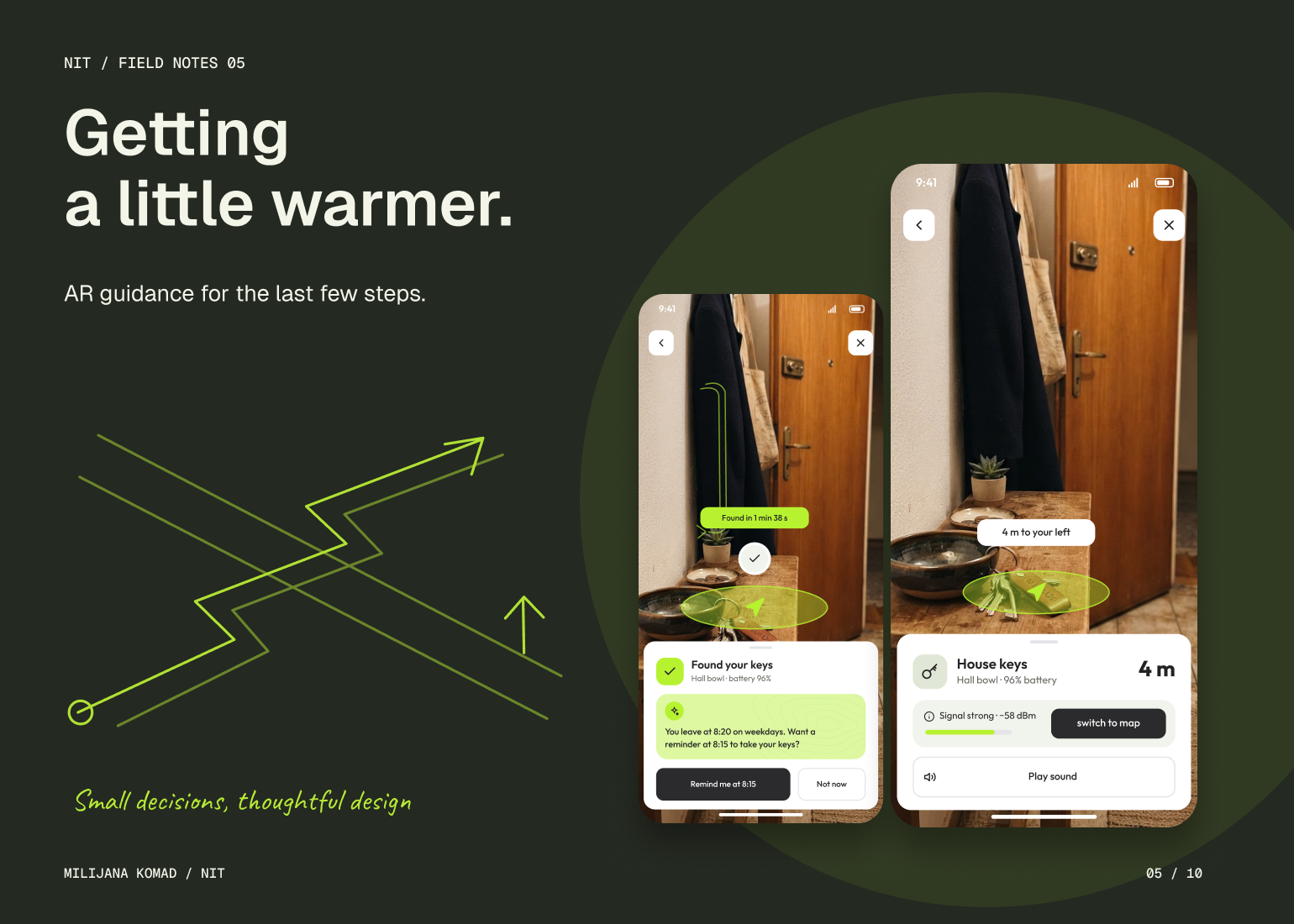 05 · Getting a little warmer. — original app screen and hand-drawn story