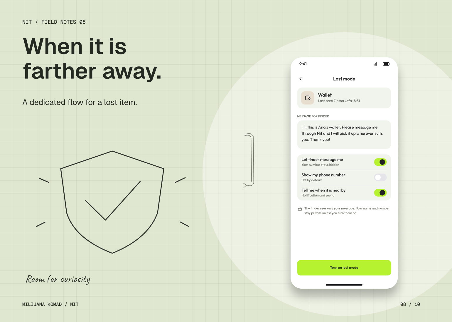 08 · When it is farther away. — original app screen and hand-drawn story