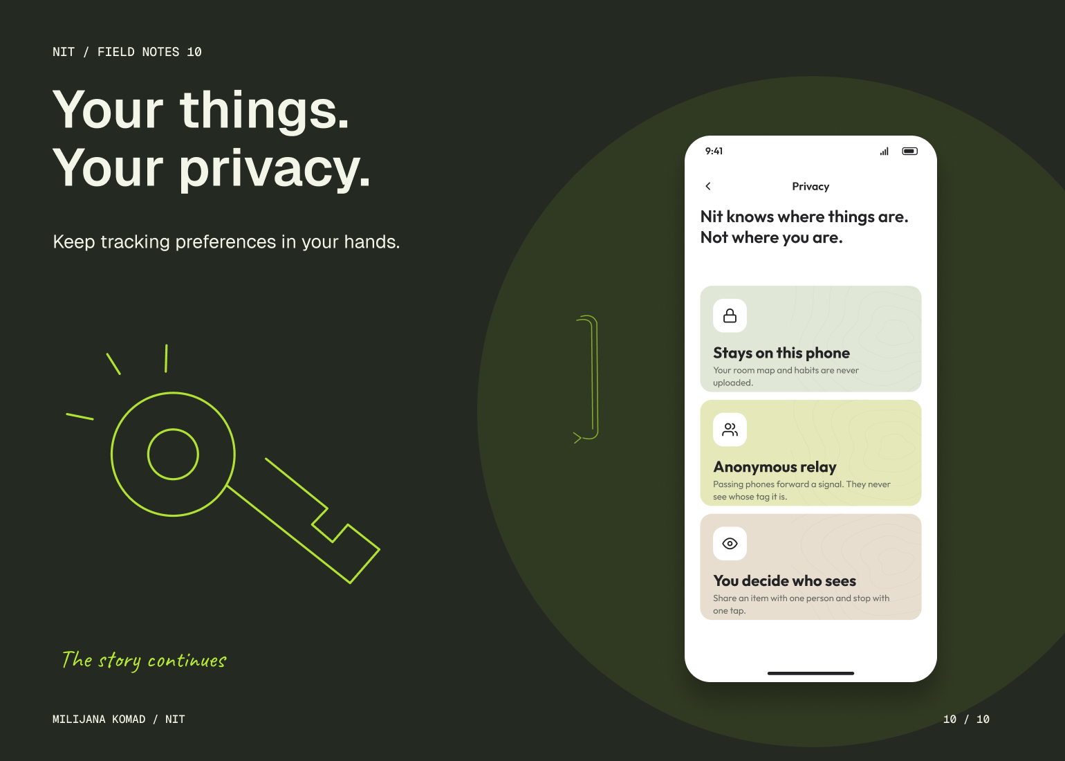 10 · Your things. Your privacy. — original app screen and hand-drawn story
