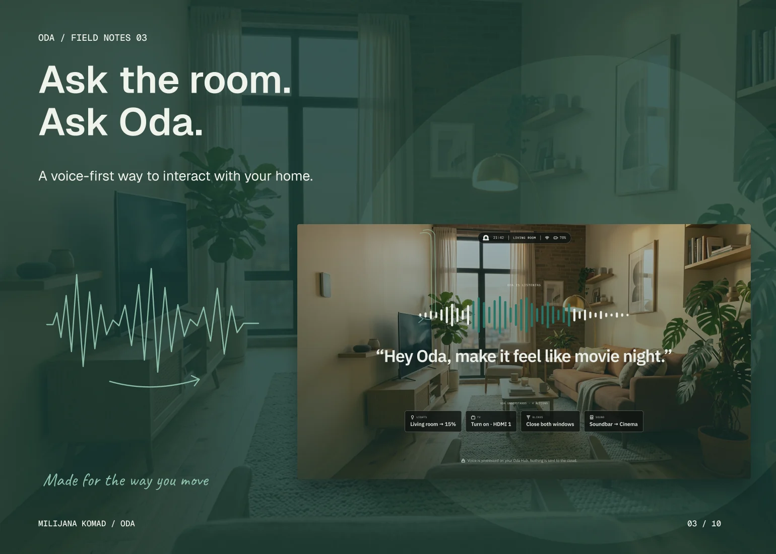 03 · Ask the room. Ask Oda. — original app screen and hand-drawn story