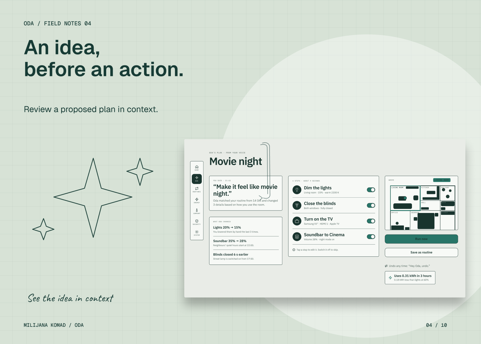 04 · An idea, before an action. — original app screen and hand-drawn story