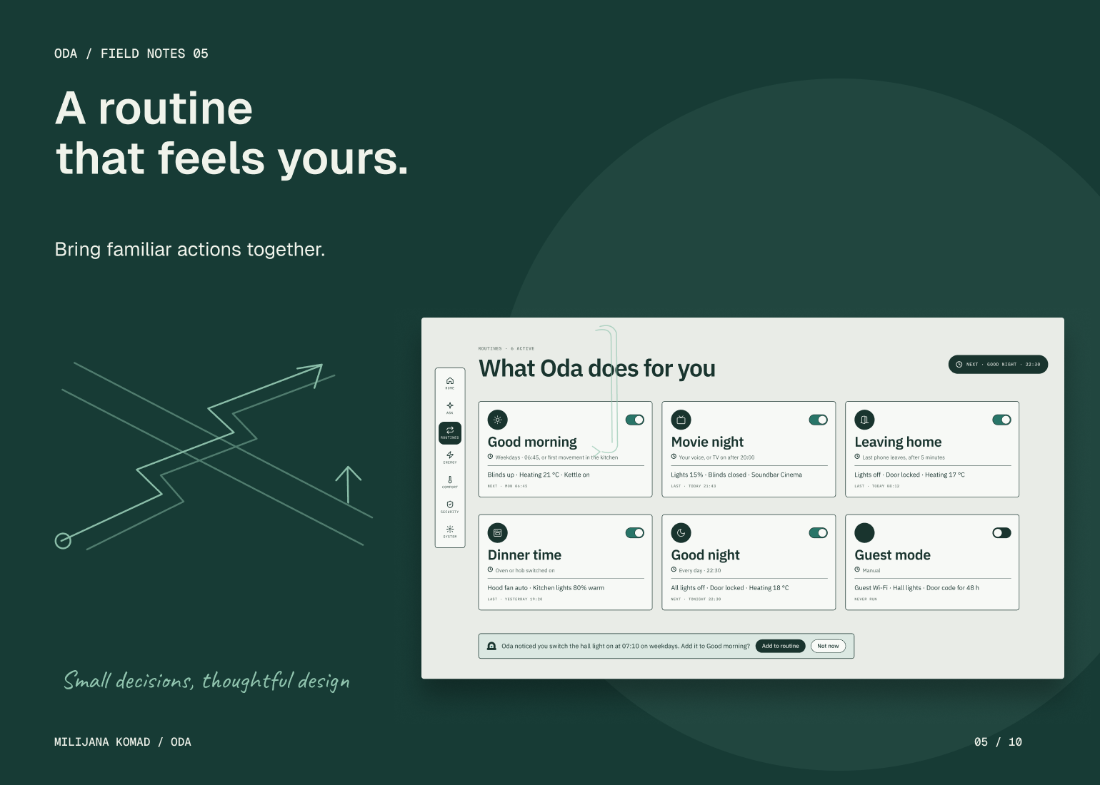 05 · A routine that feels yours. — original app screen and hand-drawn story