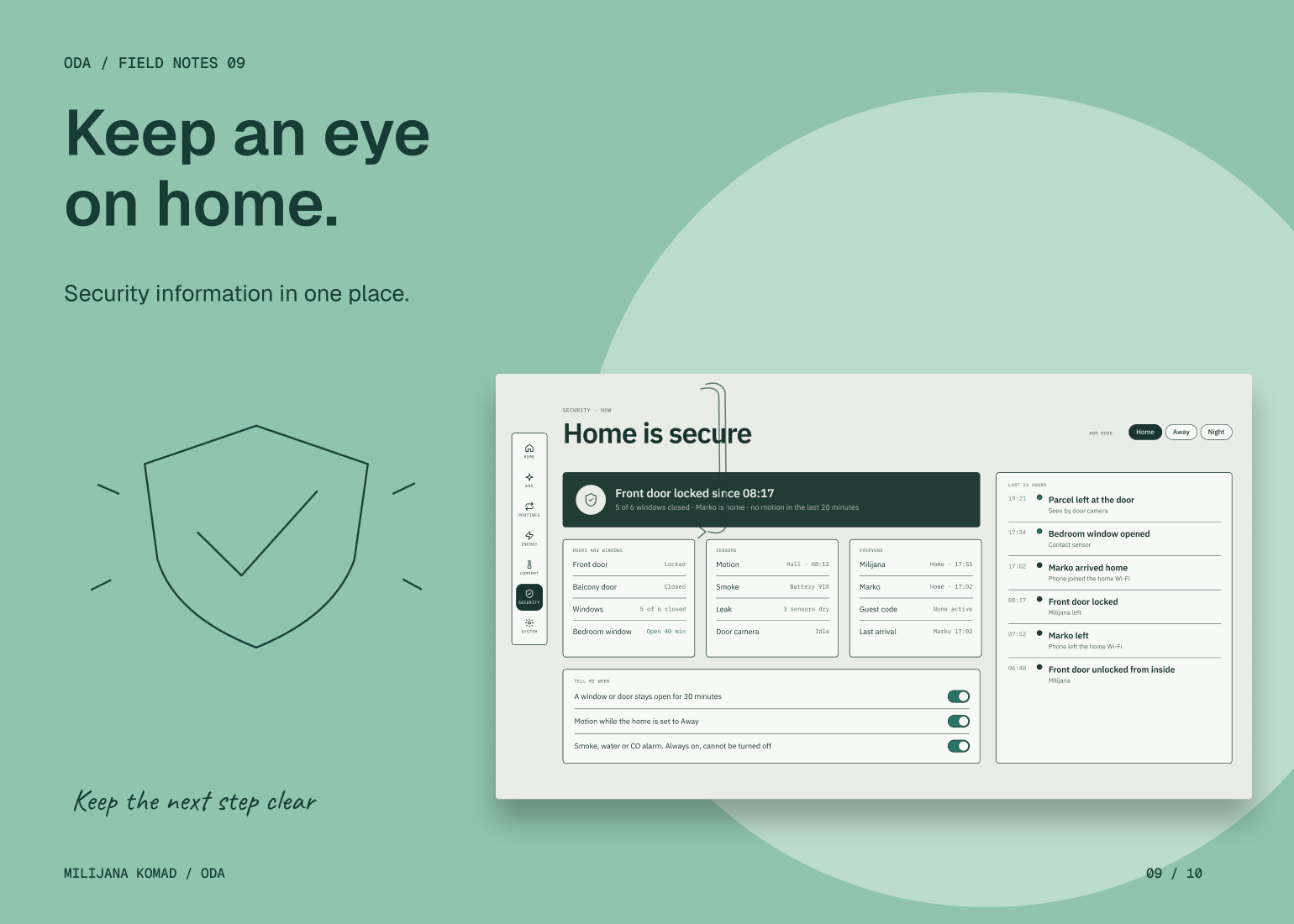 09 · Keep an eye on home. — original app screen and hand-drawn story