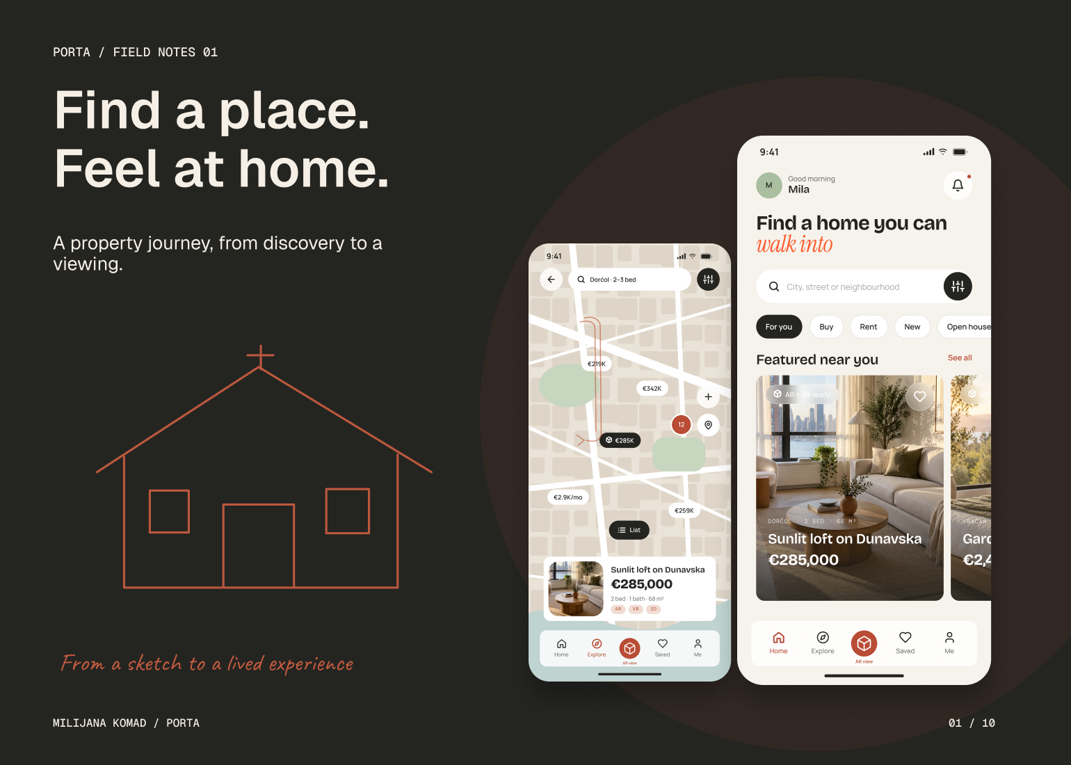 01 · Find a place. Feel at home. — original app screen and hand-drawn story