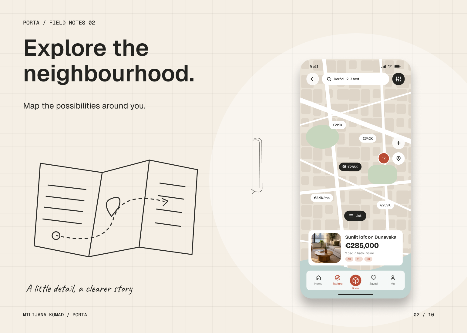 02 · Explore the neighbourhood. — original app screen and hand-drawn story