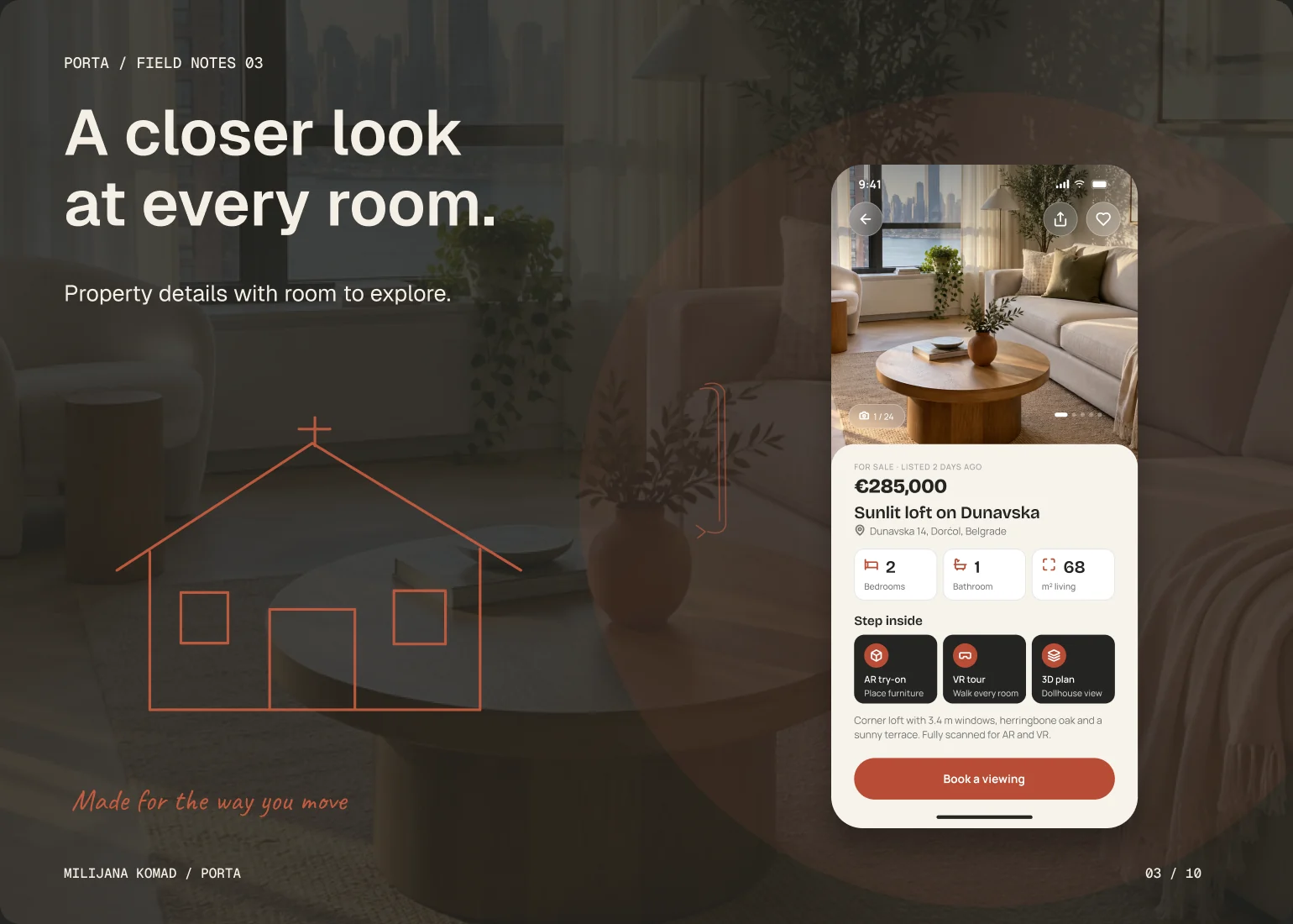 03 · A closer look at every room. — original app screen and hand-drawn story