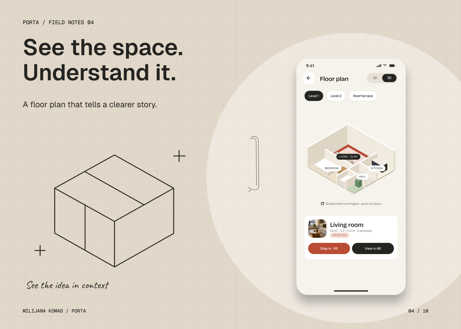 04 · See the space. Understand it. — original app screen and hand-drawn story
