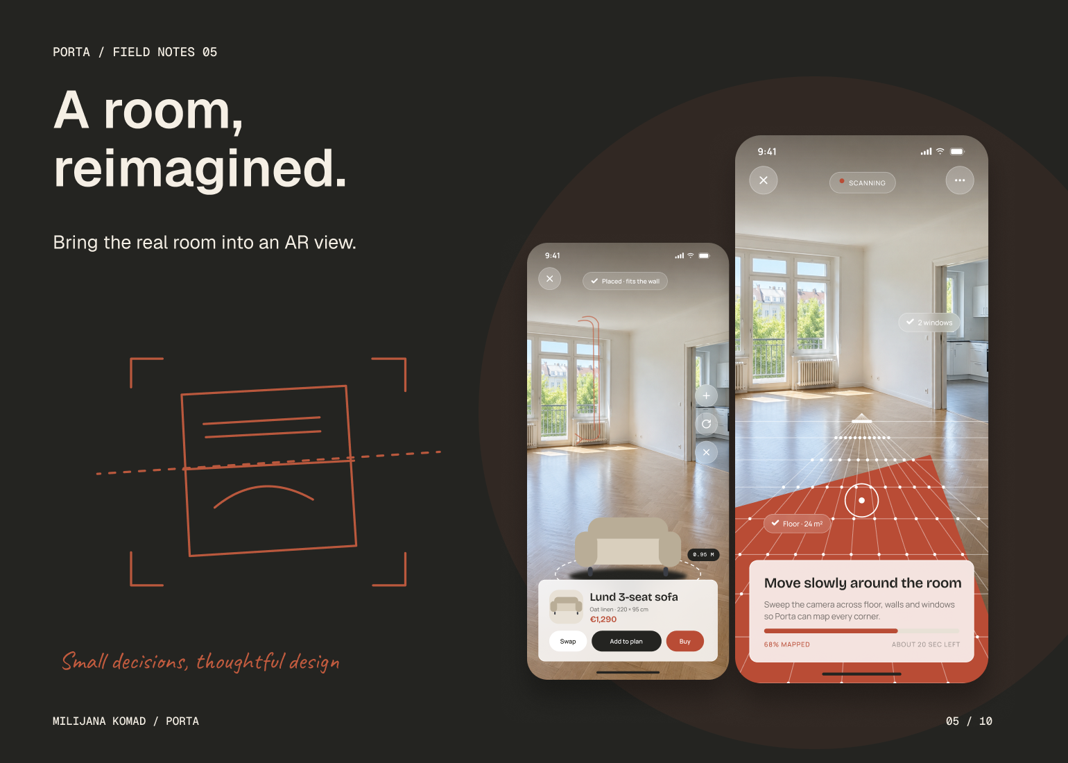 05 · A room, reimagined. — original app screen and hand-drawn story