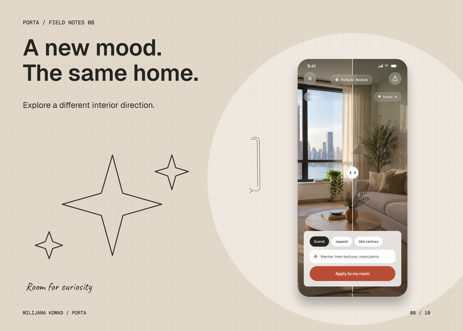 08 · A new mood. The same home. — original app screen and hand-drawn story