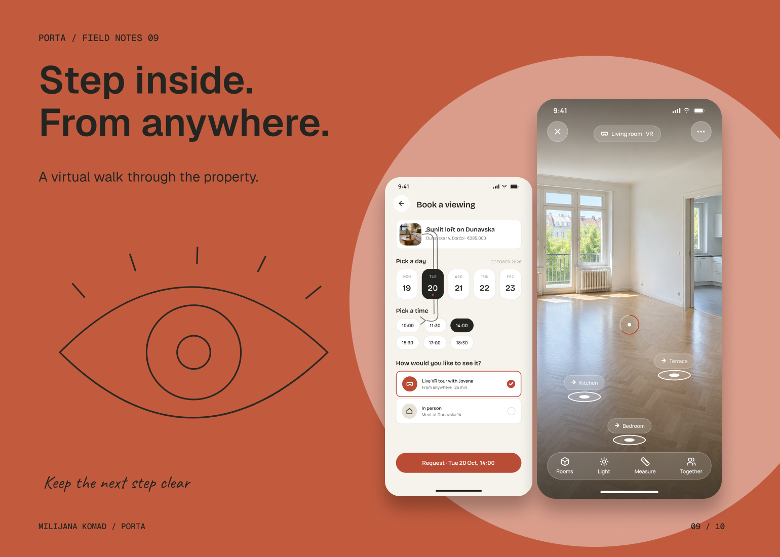 09 · Step inside. From anywhere. — original app screen and hand-drawn story