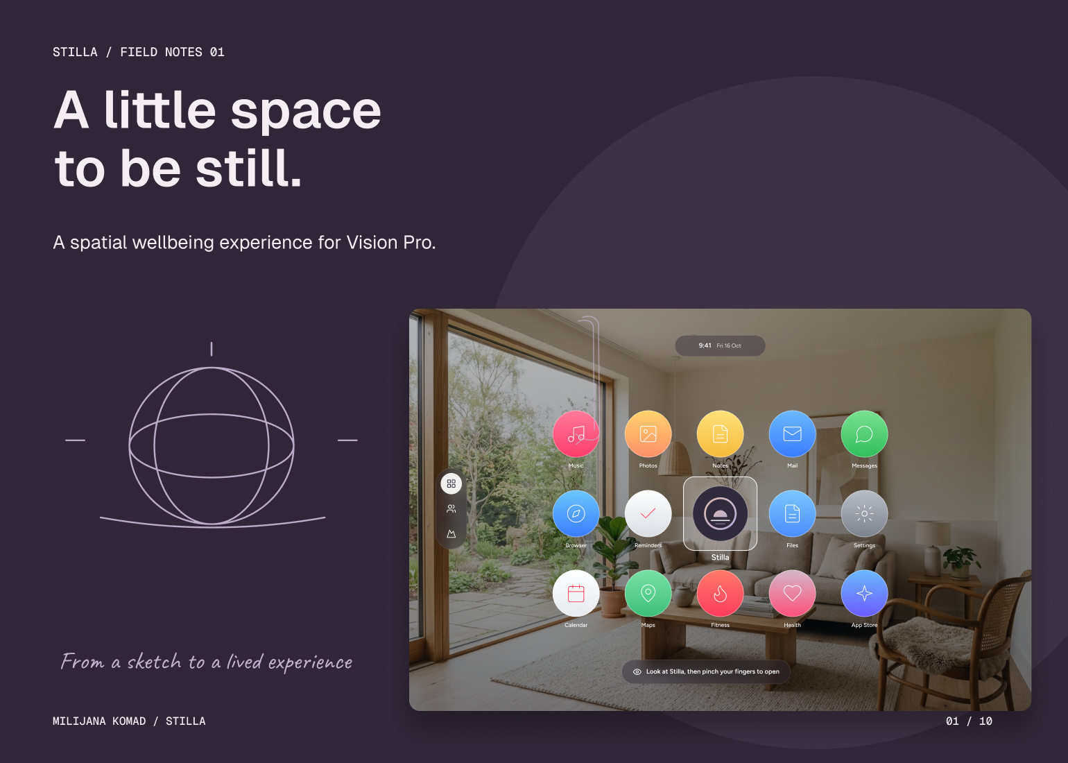 01 · A little space to be still. — original app screen and hand-drawn story
