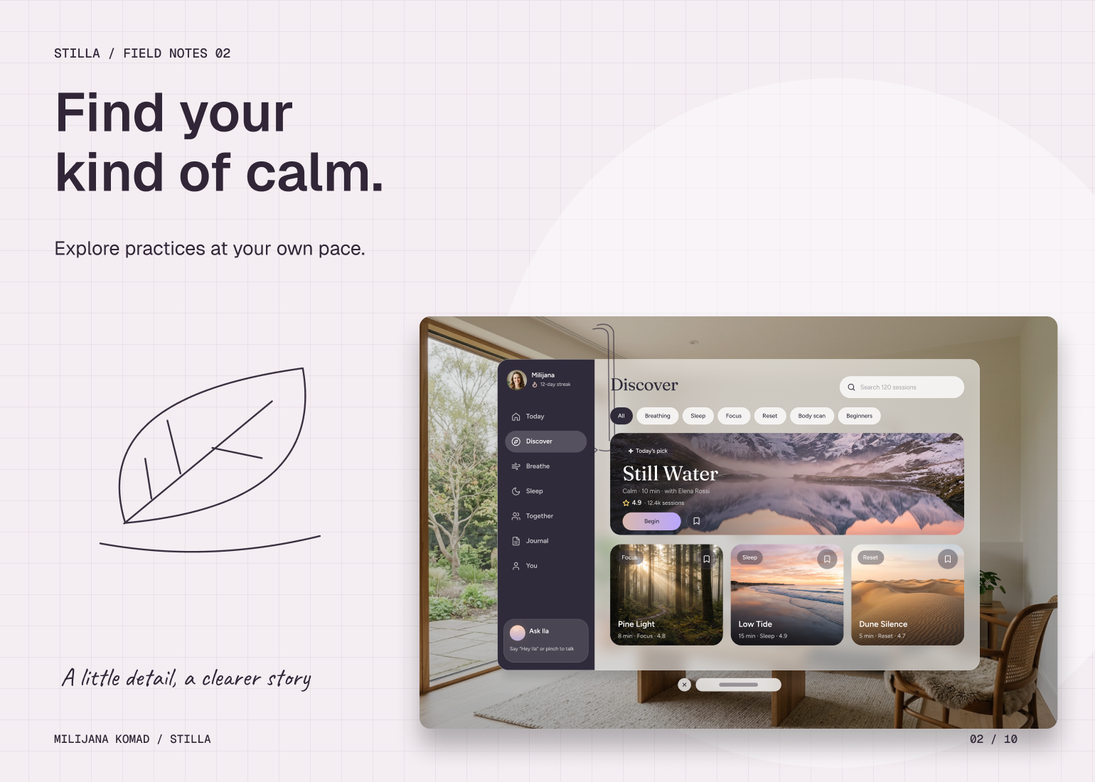 02 · Find your kind of calm. — original app screen and hand-drawn story