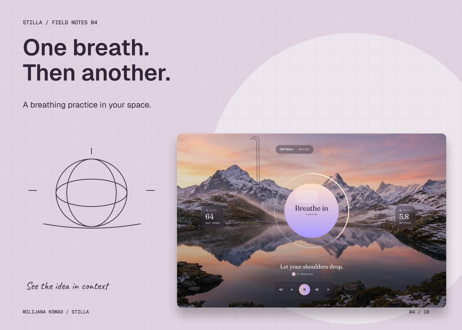 04 · One breath. Then another. — original app screen and hand-drawn story