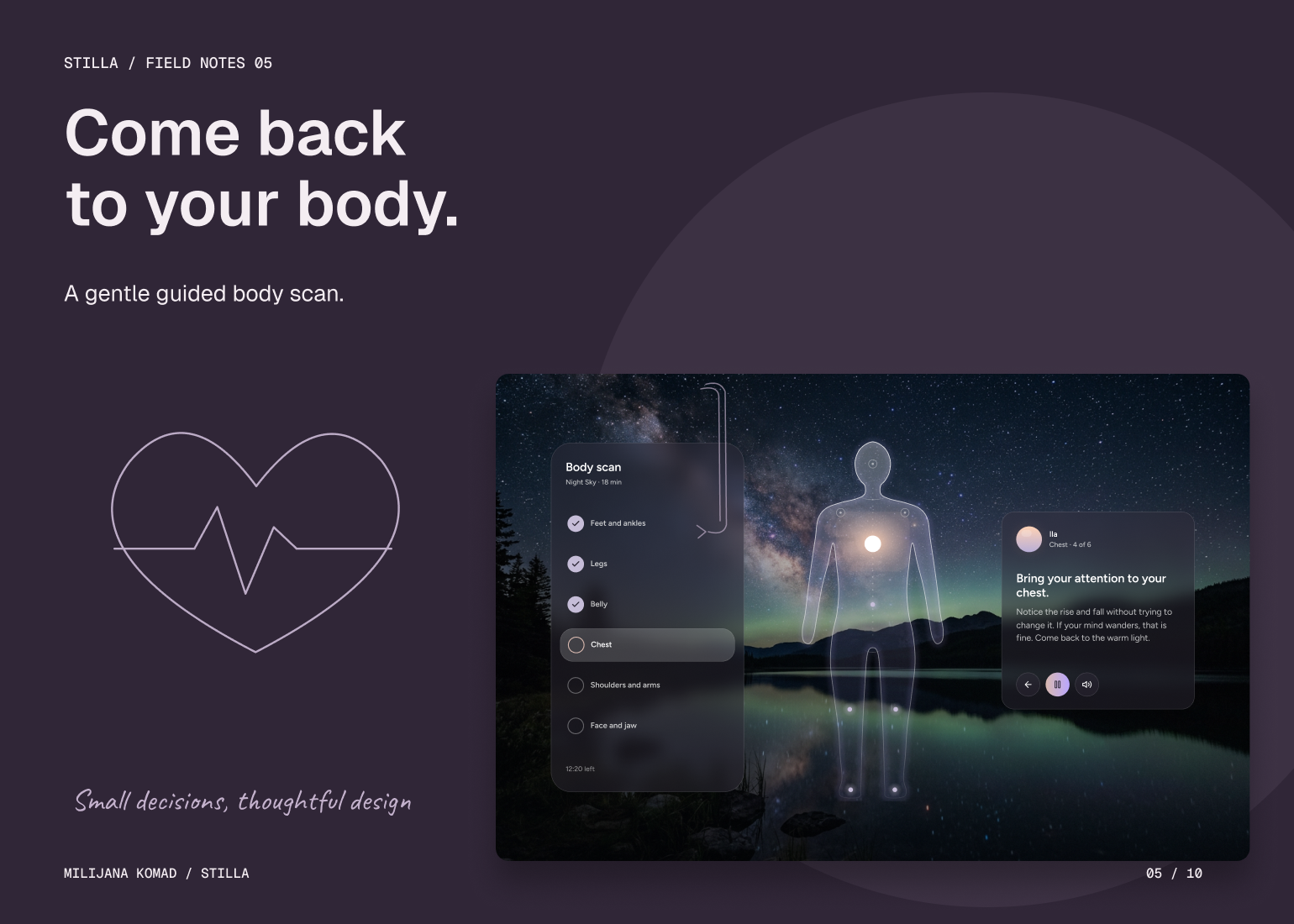 05 · Come back to your body. — original app screen and hand-drawn story
