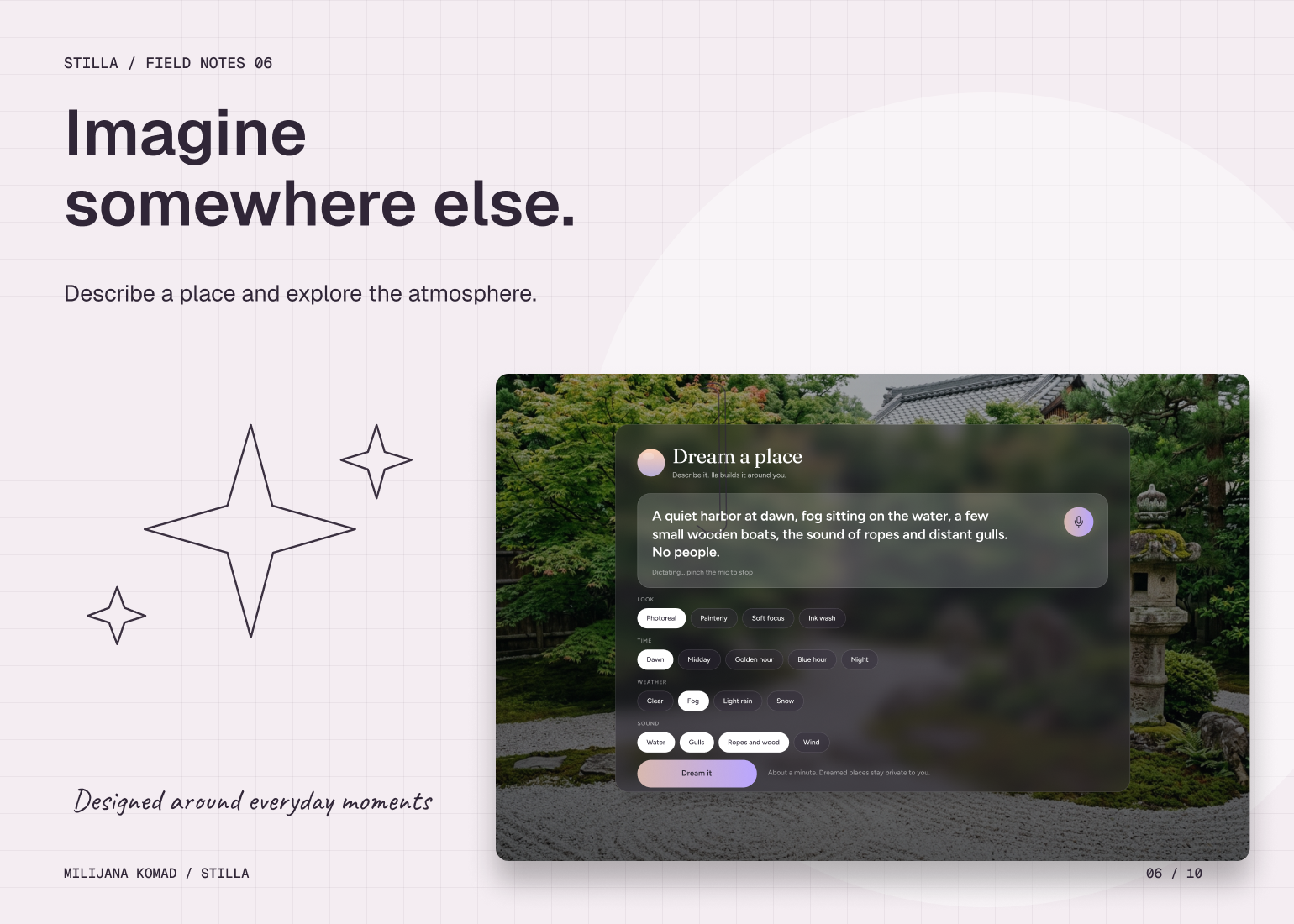 06 · Imagine somewhere else. — original app screen and hand-drawn story