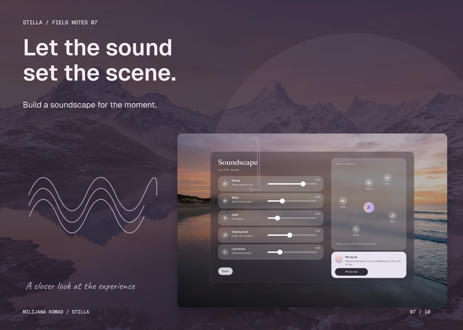 07 · Let the sound set the scene. — original app screen and hand-drawn story