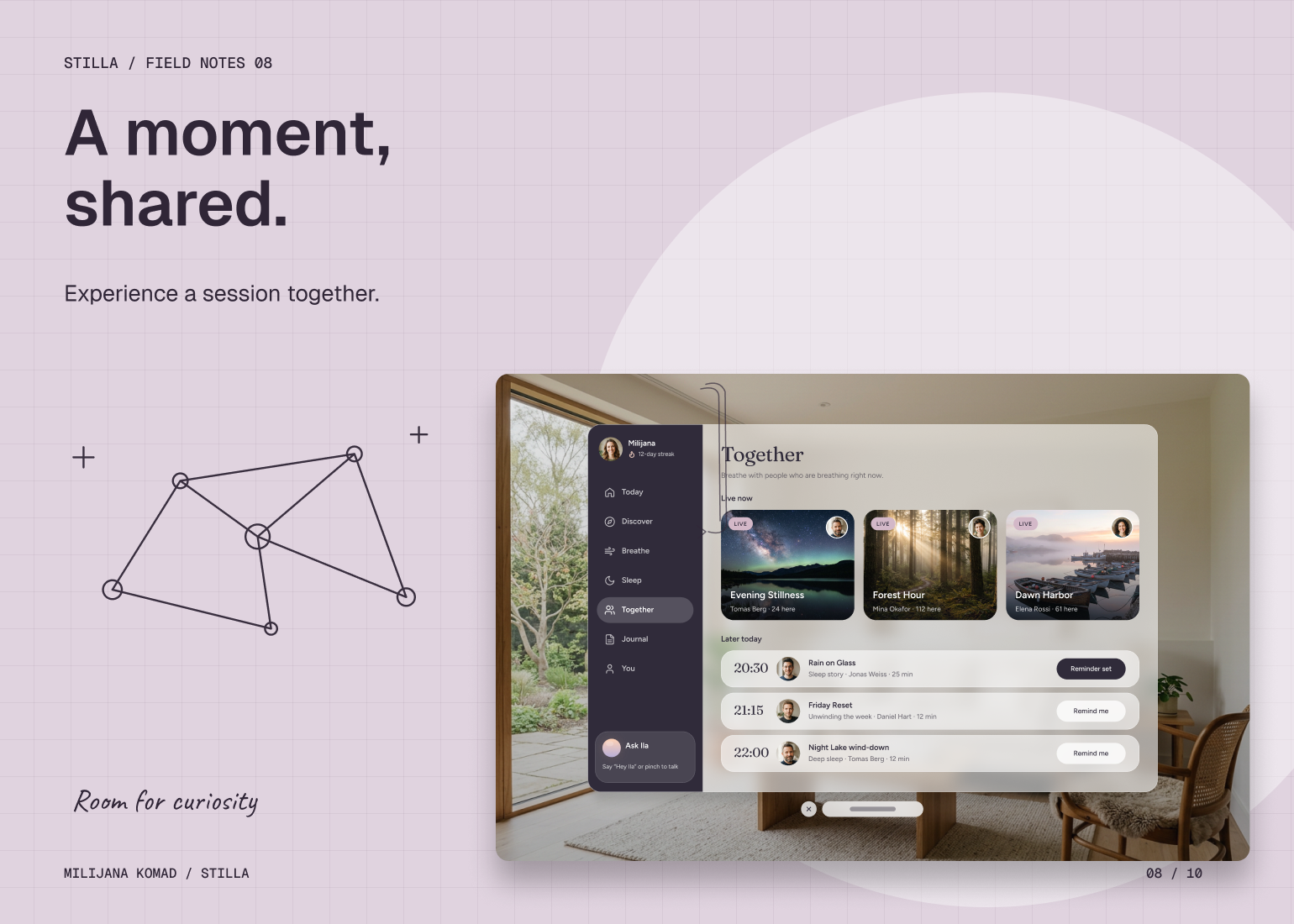 08 · A moment, shared. — original app screen and hand-drawn story