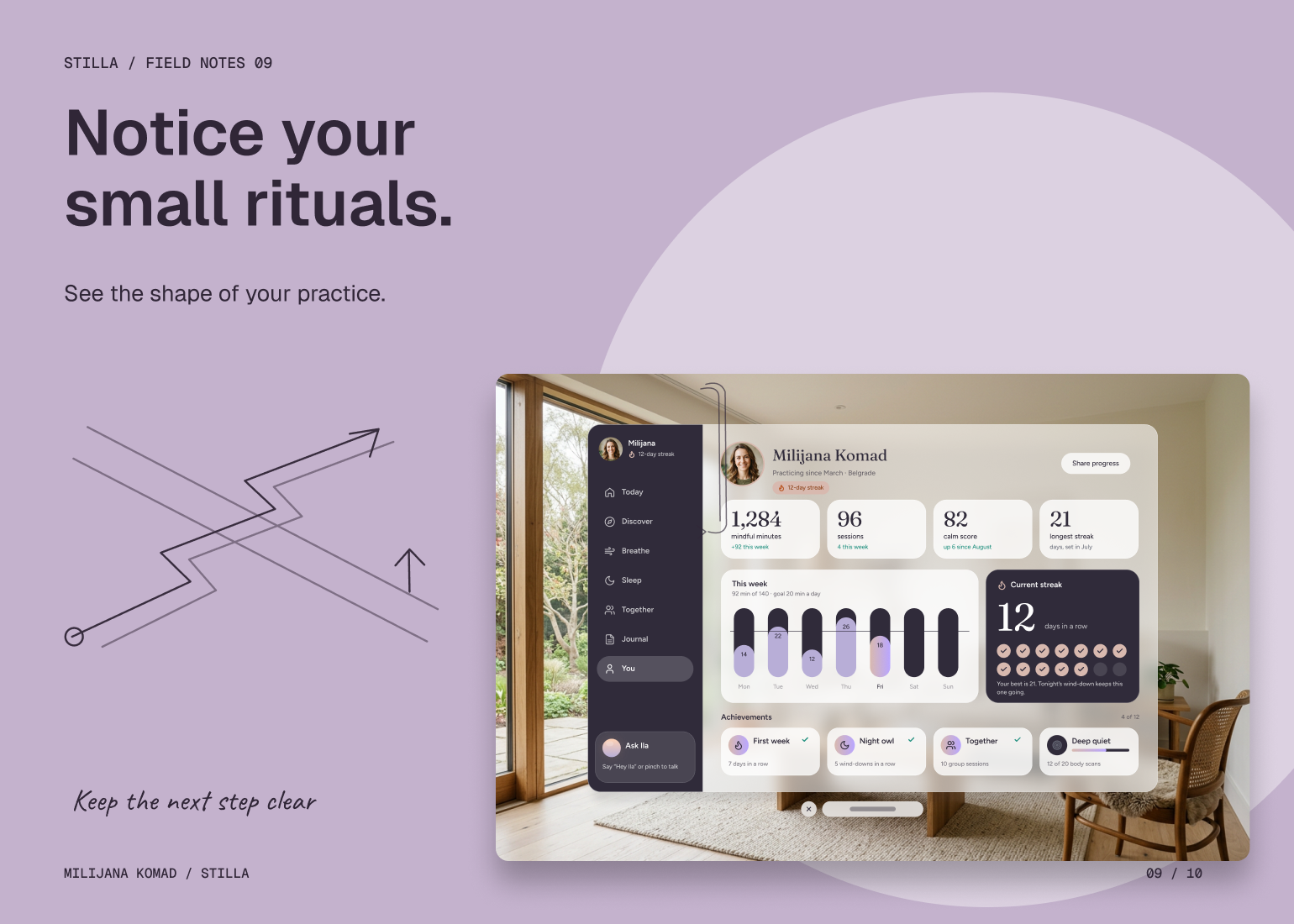 09 · Notice your small rituals. — original app screen and hand-drawn story