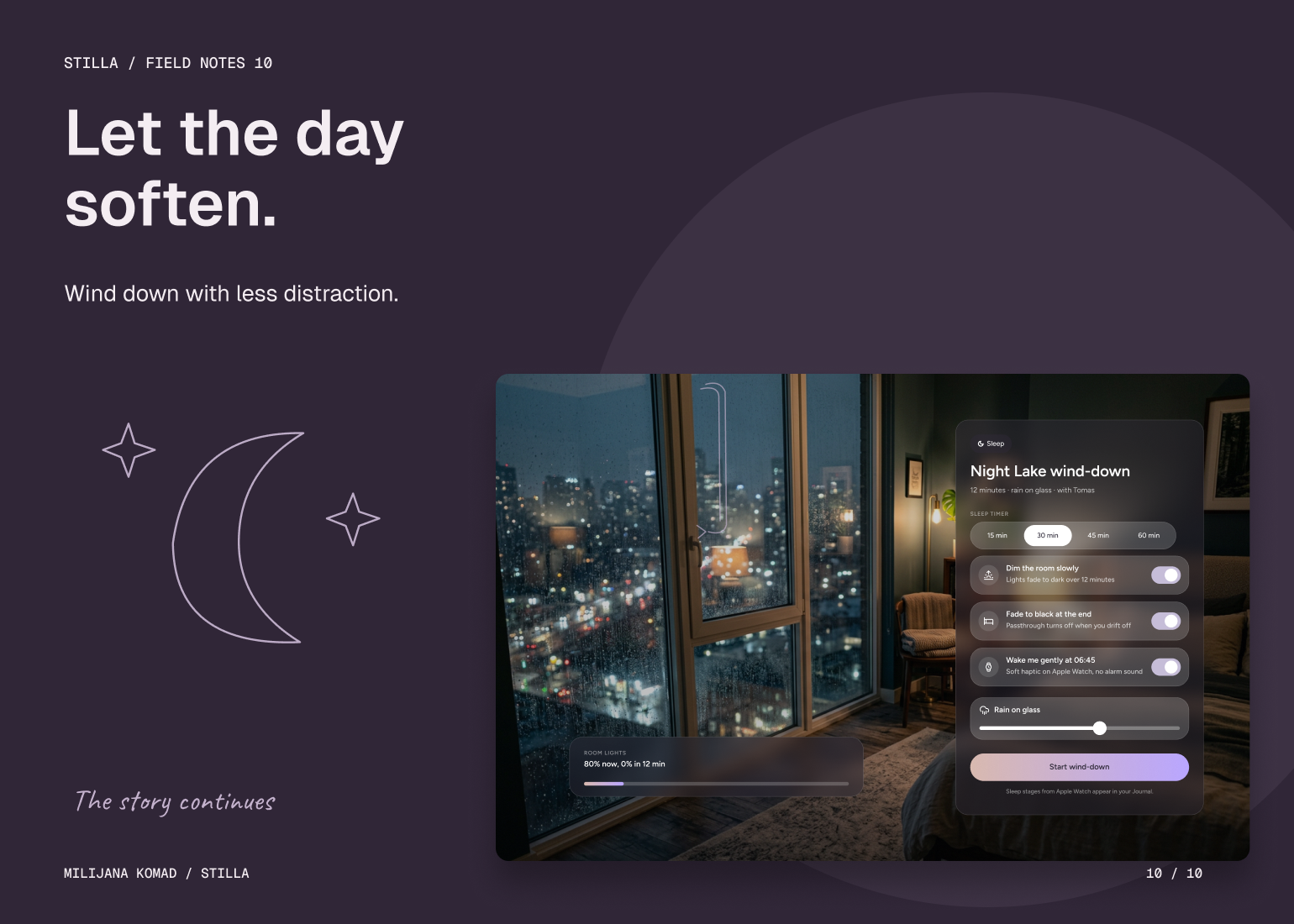 10 · Let the day soften. — original app screen and hand-drawn story