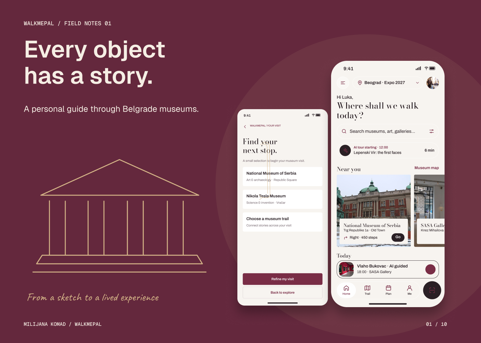 01 · Every object has a story. — original app screen and hand-drawn story