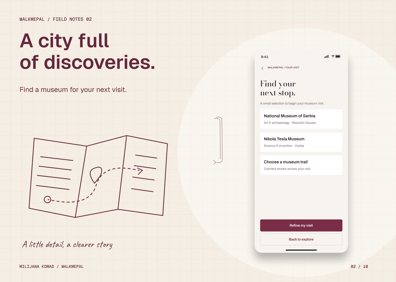 02 · A city full of discoveries. — original app screen and hand-drawn story
