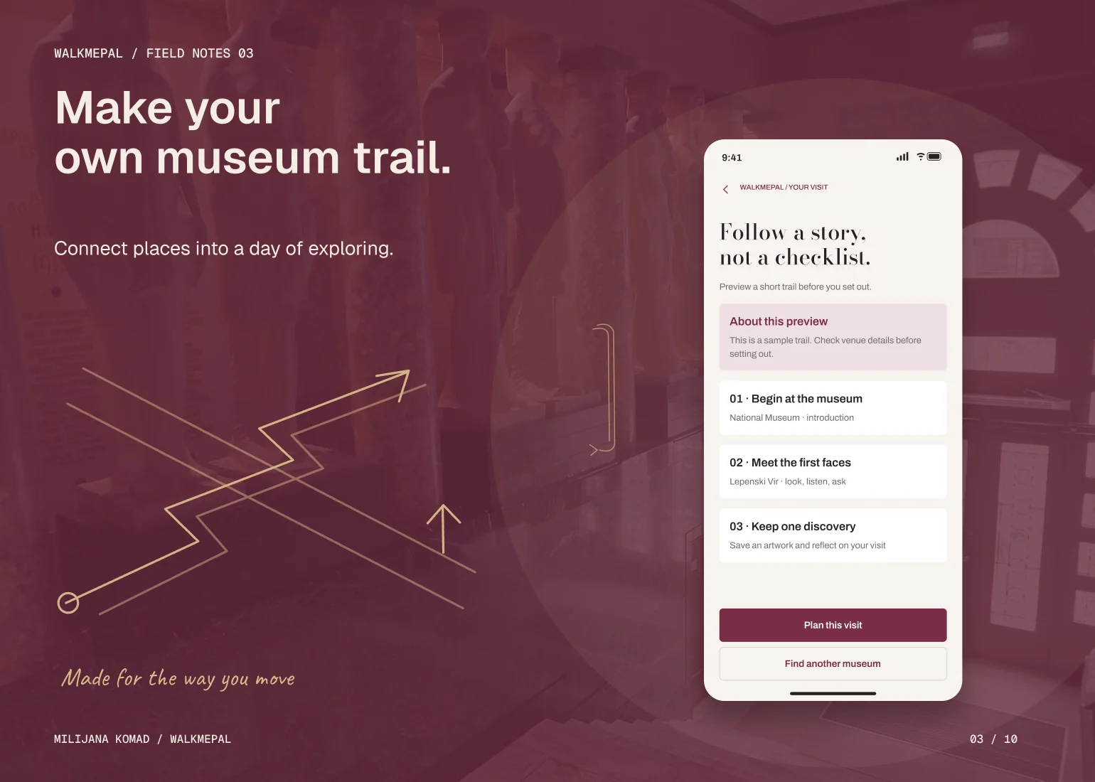 03 · Make your own museum trail. — original app screen and hand-drawn story