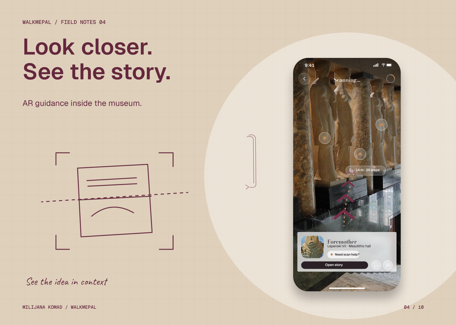 04 · Look closer. See the story. — original app screen and hand-drawn story
