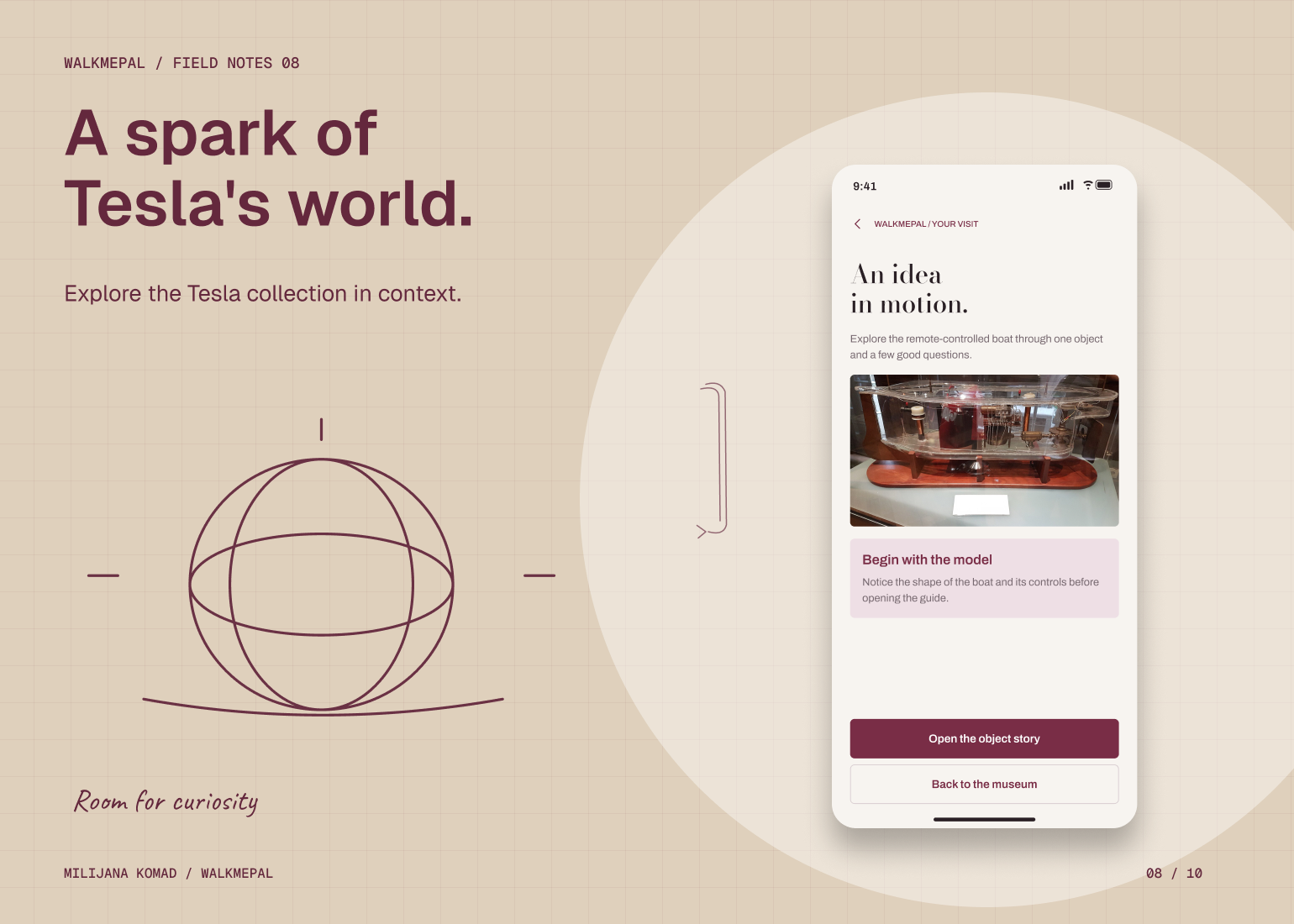 08 · A spark of Tesla's world. — original app screen and hand-drawn story