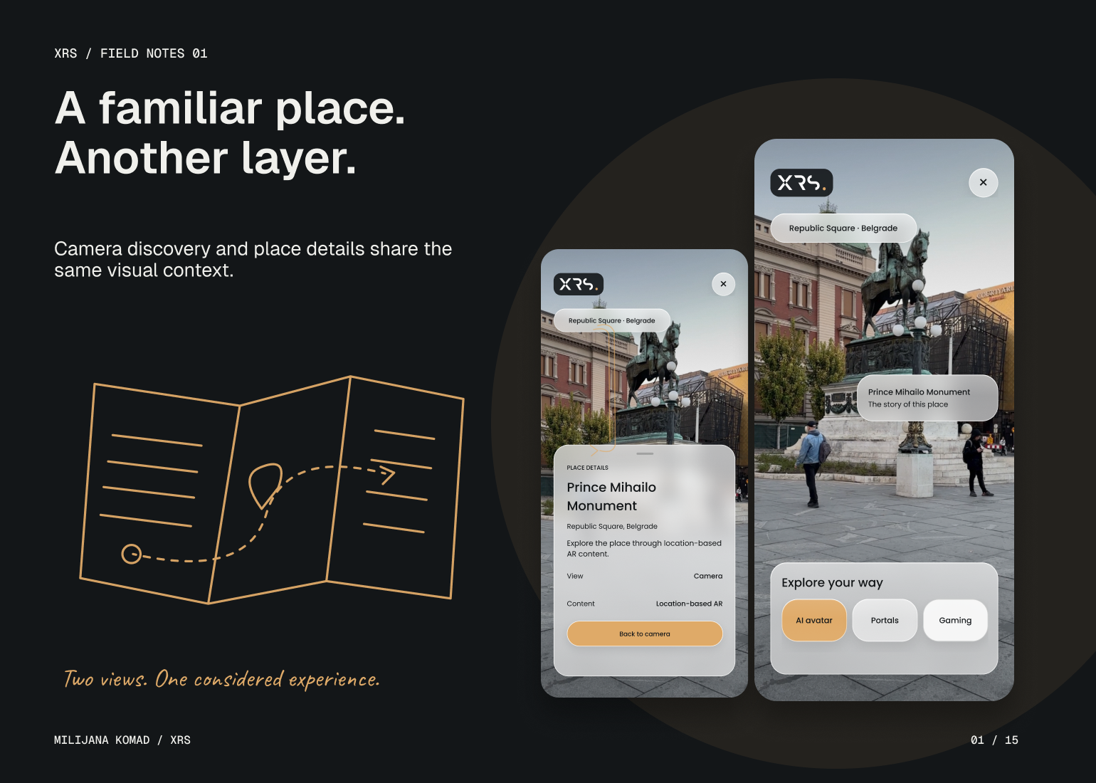 01 · A familiar place. Another layer. — two original XRS app screens