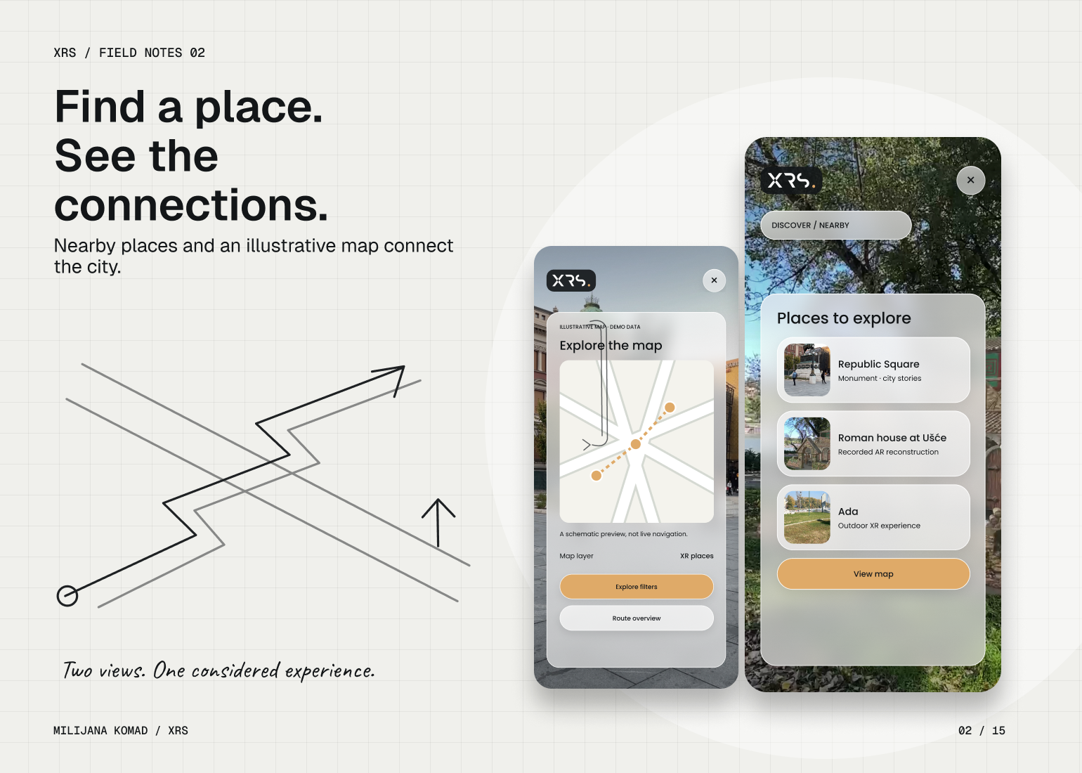 02 · Find a place. See the connections. — two original XRS app screens
