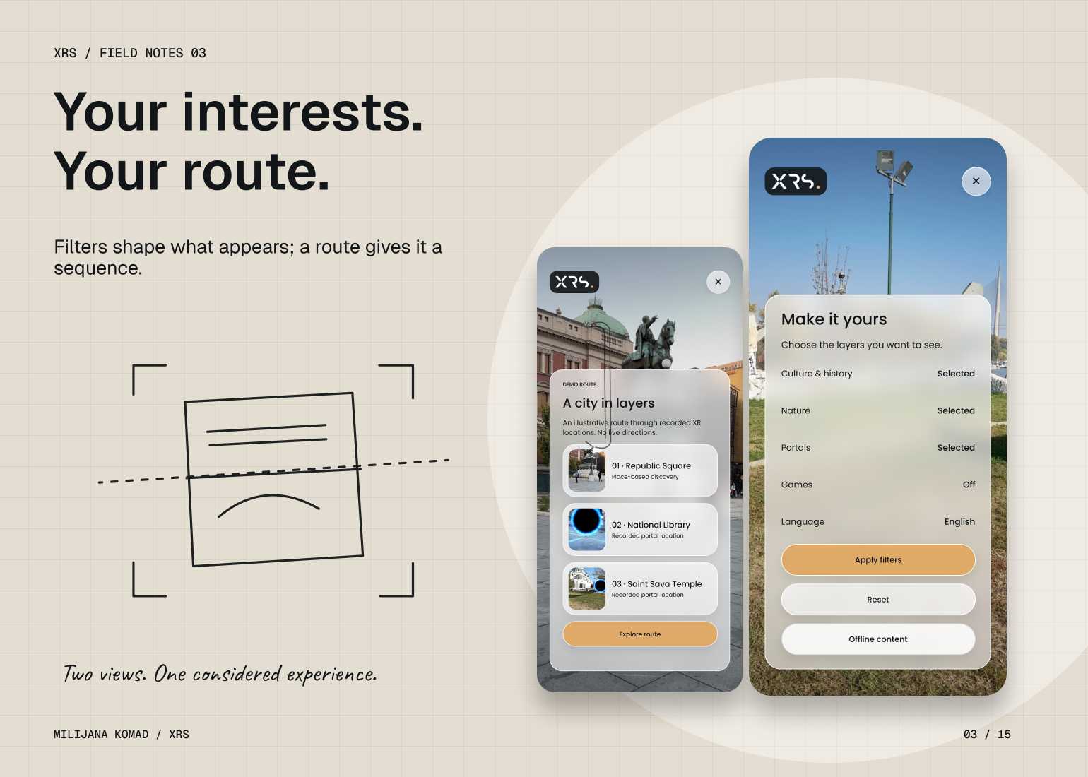03 · Your interests. Your route. — two original XRS app screens