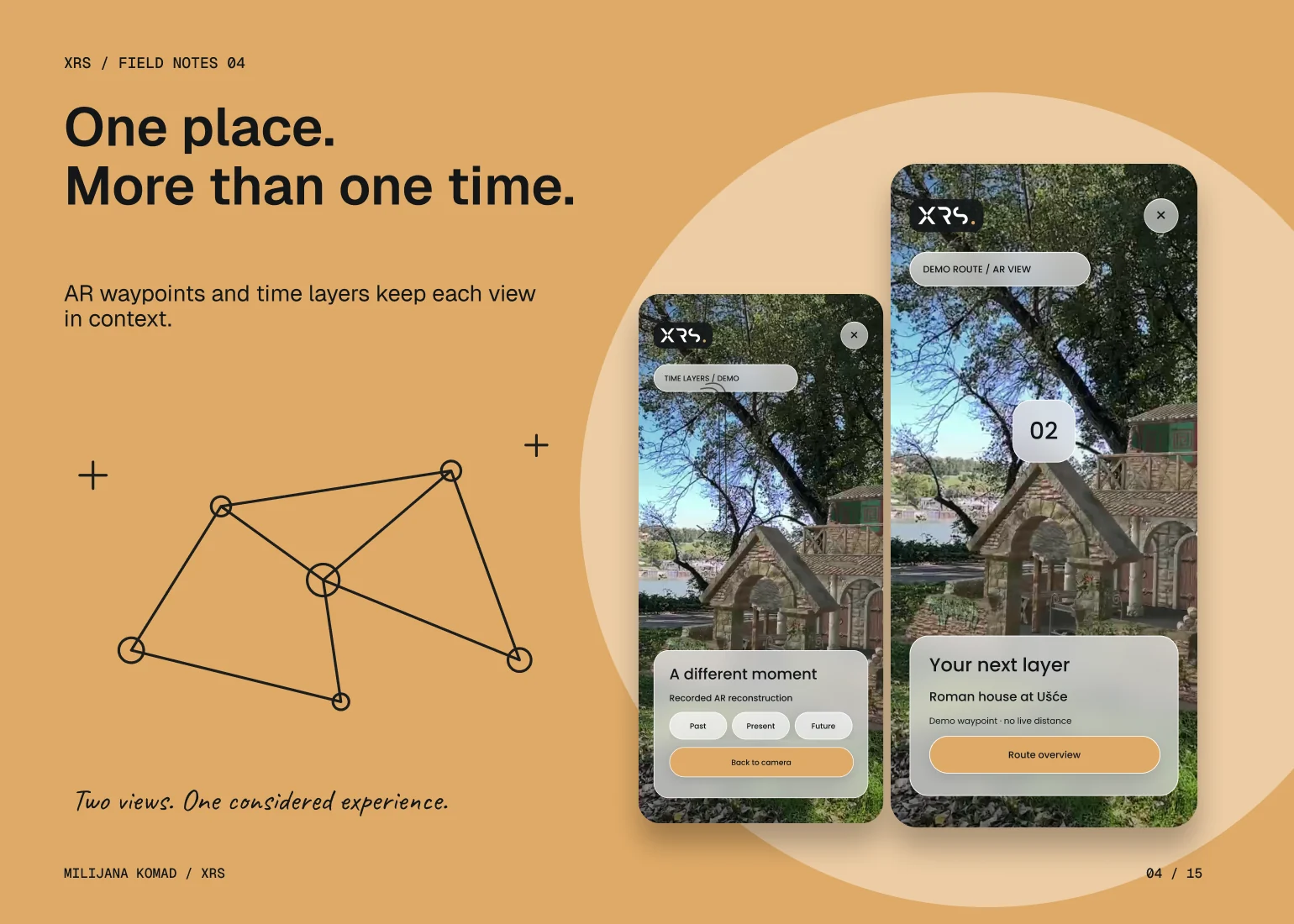 04 · One place. More than one time. — two original XRS app screens
