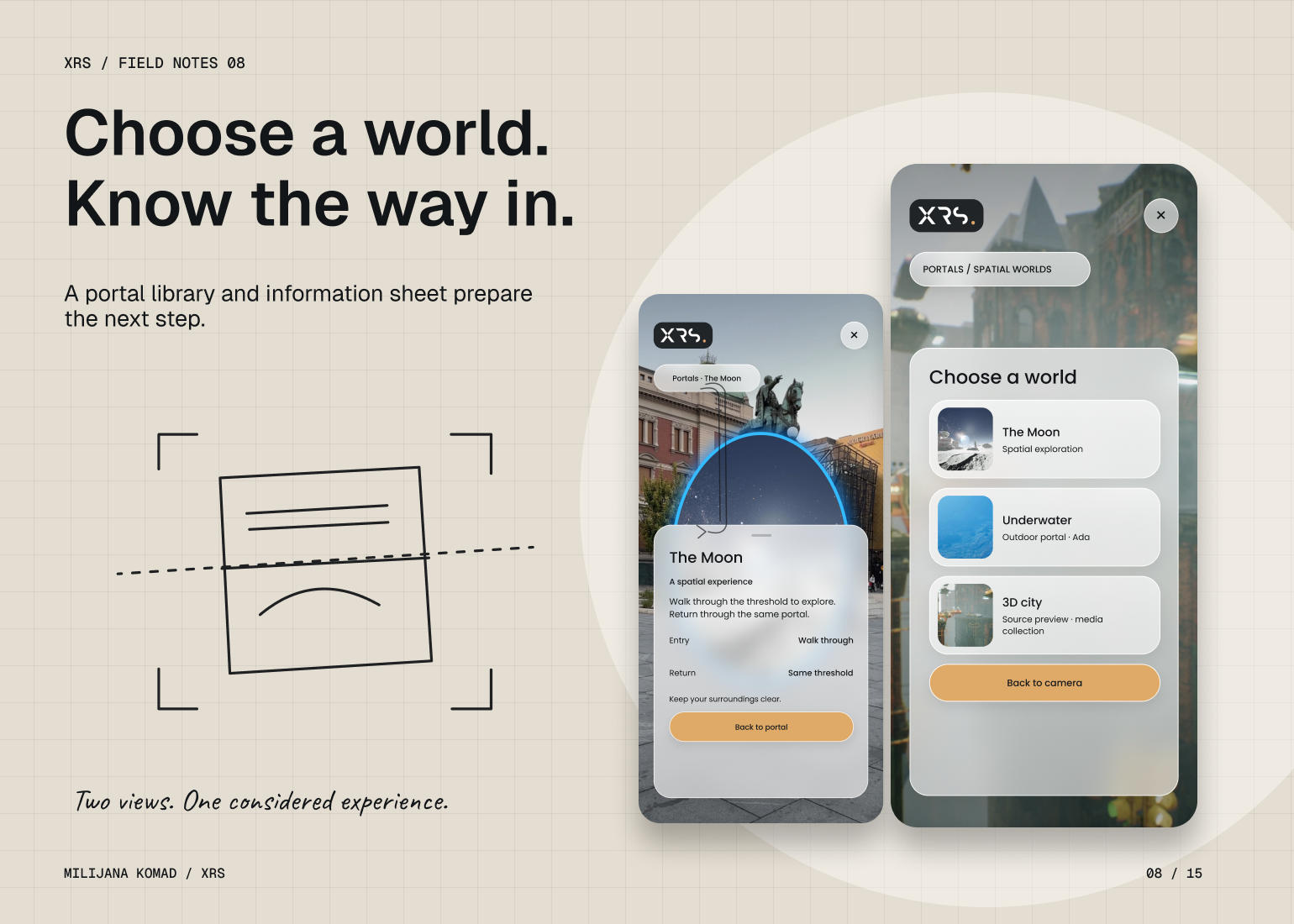 08 · Choose a world. Know the way in. — two original XRS app screens