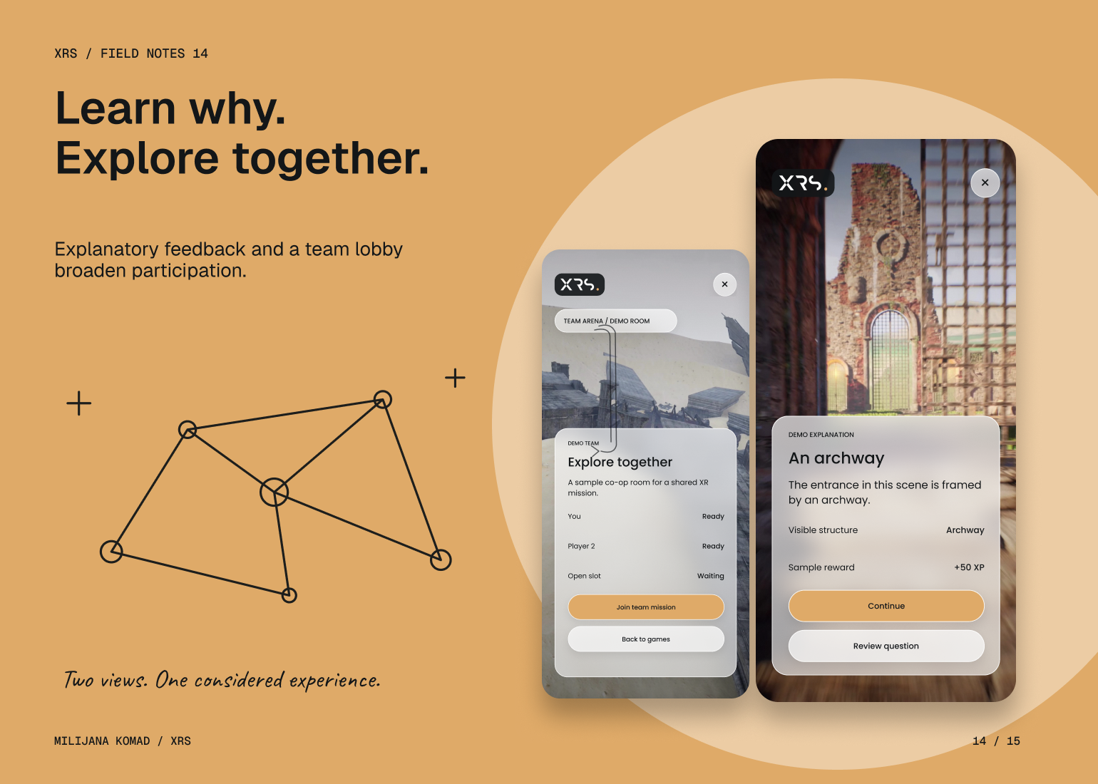 14 · Learn why. Explore together. — two original XRS app screens